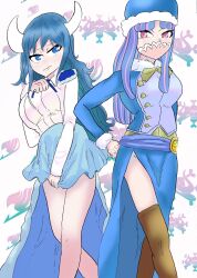  2girls absurdres blue_hair boots breasts cape crossover demon_horns fairy_tail high-waist_skirt high_heels highres horns juvia_lockser large_breasts long_hair mask mouth_mask multicolored_hair multiple_girls neck_ribbon one_piece purple_eyes ribbon shirt siblings skirt solo_focus sorambk striped striped_clothes striped_shirt thighs ulti_(one_piece) very_long_hair white_horns white_shirt 