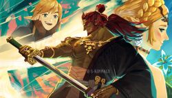  1girl 2boys abs artist_name belt blue_eyes blush crown diadem fingerless_gloves flower ganondorf gloves heart highres holding holding_sword holding_weapon japanese_clothes jewelry katana kimono large_pectorals link long_hair looking_at_another looking_to_the_side multiple_boys muscular muscular_male nintendo open_clothes open_kimono pectorals pointy_ears ponytail princess_zelda ring saliva saliva_trail sara_kinnaly short_hair sparkling_eyes sword the_legend_of_zelda the_legend_of_zelda:_tears_of_the_kingdom thick_arms thick_eyebrows twitter_username weapon 