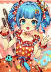  1girl :d berry_(shining_star) blue_eyes blue_hair blue_nails blush bow breasts choker dress drill_hair earrings food hair_bow hair_ornament heart highres ice_cream jewelry looking_at_viewer nail_polish open_mouth red_choker red_dress rnskkn shining_star small_breasts smile solo twin_drills w 