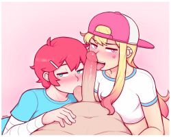3boys aqua_shirt blonde_hair blouse blush cooperative_fellatio dross erection eyebrows fellatio green_eyes half-closed_eyes hat jade_(dross) jamie_(dross) layered_sleeves licking licking_penis long_hair long_sleeves male_focus multiple_boys open_mouth oral penis pink_background pink_eyes pink_hair shirt short_hair short_over_long_sleeves short_sleeves teeth testicle_sucking testicles tongue tongue_out trap uncensored white_shirt yaoi rating:Explicit score:338 user:redlight1