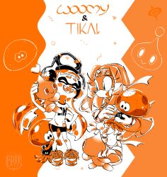  2girls :&gt; bike_shorts blue_eyes chao_(sonic) closed_eyes fangs full_body headphones heart inkling_girl inkling_player_character jellyfish_(splatoon) looking_at_another multiple_girls nintendo on_shoulder open_mouth sonic_(series) sonic_adventure spiral_cris splatoon_(series) tentacle_hair tentacles tikal_the_echidna 