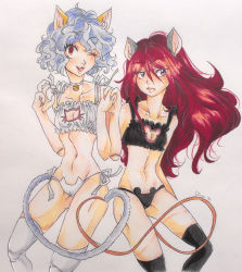  2girls animal_ears artist_name bare_shoulders bell bikini black_legwear black_panties blush breasts brown_eyes cat_cutout cat_ear_panties cat_ears cat_lingerie cat_tail choker claws cleavage cleavage_cutout closed_mouth clothing_cutout collarbone dated eyelashes fang feet_out_of_frame freckles frills gender_request genderswap groin half-closed_eyes hands_together hands_up highres hunter_x_hunter interlocked_fingers kite_(chimera_ant) legs_apart linea_alba lips long_hair looking_at_viewer looking_to_the_side meme_attire midriff mouse_ears mouse_tail multiple_girls navel neck_bell neferpitou nose one_eye_closed open_mouth panties parody purple_eyes red_hair shirt short_hair side-tie_bikini_bottom silver_hair simple_background small_breasts smile standing swimsuit tagme tail thighhighs underwear white_legwear white_panties wink  rating:Questionable score:19 user:Mymom