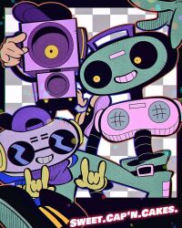 3boys \m/ arm_up artist_name backwards_hat baseball_cap belt belt_buckle black_belt black_footwear black_hat boots buckle cap&#039;n_(deltarune) cassette_tape cd_player character_name checkered_background chromatic_aberration deltarune english_text gloves green_pants grey_background grin hand_on_own_hip hand_up hands_up hat k_k_(deltarune) kansou_(kanso_1) looking_at_another looking_at_viewer male_focus mechanical_arms multiple_boys object_head outside_border pants purple_hat purple_scarf robot scarf smile speaker standing standing_on_one_leg sunglasses sweet_(deltarune) teeth twitter_username two-tone_background white_background yellow_eyes yellow_gloves 