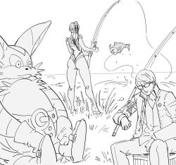  1girl 2boys absurdres ass bb_(baalbuddy) big_the_cat crossover eve_(stellar_blade) fish fishing fishing_rod glasses greyscale highres holding holding_fishing_rod monochrome multiple_boys narukami_yuu over_shoulder persona persona_4 seaman seaman_(game_character) simple_background sitting sonic_(series) standing stellar_blade sunglasses swimsuit thong trait_connection white_background 