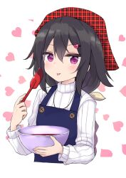  1girl absurdres amano_kouki apron black_hair blue_apron blush chocolate commentary_request cropped_torso hair_between_eyes hair_ornament hairclip head_scarf heart heart_background heart_hair_ornament highres holding long_hair long_sleeves looking_at_viewer mixing_bowl note-chan original plaid puffy_long_sleeves puffy_sleeves purple_eyes ribbed_sweater simple_background solo spatula sweater turtleneck turtleneck_sweater unmoving_pattern upper_body white_background white_sweater 