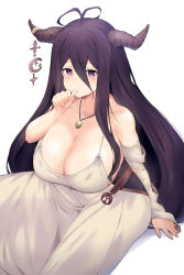 1girl antenna_hair bandaged_arm bandages black_hair breasts cleavage collarbone commentary_request danua draph dress granblue_fantasy hair_between_eyes highres horns huge_breasts jewelry long_hair looking_at_viewer necklace red_eyes shiroie_mika simple_background sitting solo thumb_sucking white_background white_dress rating:Sensitive score:31 user:danbooru