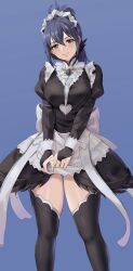  1girl alternate_costume amayo_thranana black_dress black_thighhighs blue_background blue_hair breasts brown_eyes closed_mouth dress enmaided feet_out_of_frame fire_emblem fire_emblem_fates hair_between_eyes headdress highres large_breasts long_hair maid nintendo oboro_(fire_emblem) simple_background smile solo standing thighhighs thighs 