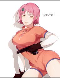  00s 1girl bad_id bad_pixiv_id black_gloves bodysuit breasts copyright_name covered_navel cowboy_shot emu_(artist) from_side gloves gun hair_ornament hairclip handgun holding holding_weapon large_breasts letterboxed light_smile lips looking_at_viewer mezzo_danger_service_agency mezzo_forte orange_eyes parted_bangs pink_hair shadow short_hair short_sleeves skin_tight smile solo suzuki_mikura thighs turtleneck unitard weapon white_background yellow_eyes zipper 