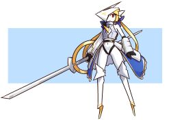  1girl alternate_color alternate_shiny_pokemon armor arms_at_sides artoria_pendragon_(all) artoria_pendragon_(fate) bare_shoulders black_gloves blonde_hair blue_background blue_ribbon blue_skirt boots border bracer chimerism cleavage_cutout closed_mouth clothing_cutout colored_skin creatures_(company) crop_top detached_sleeves elbow_gloves fate_(series) faulds female_focus flat_chest frilled_skirt frills full_body fusion game_freak gardevoir gen_3_pokemon gloves gluteal_fold grey_shirt hair_ribbon helmet highres izanagi_no_okami jaggy_lines legs liveactors long_hair long_sleeves looking_at_viewer navel nintendo one_eye_covered outside_border persona persona_4 pokemon pokemon_(creature) red_eyes revealing_clothes ribbon saber_(fate) shirt showgirl_skirt sidelocks single_detached_sleeve skirt sleeveless sleeveless_shirt solo split_mouth standing stomach thigh_boots thighs twintails v-shaped_eyebrows white_border white_headwear white_skin white_sleeves 