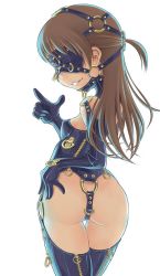  1girl ass bad_id bad_pixiv_id bdsm blindfold bondage bondage_outfit bound breasts brown_hair chain collar covered_erect_nipples crotch_strap d_rings elbow_gloves finger_gun flat_chest gloves gokujou!!_mecha_mote_iinchou harness highres kitagami_mimi leather loli long_hair looking_back posture_collar sekihan slave small_breasts smile solo strap thigh_gap thighhighs zipper  rating:Questionable score:293 user:mor