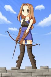  1girl archer_(fate) archer_(fft) arrow_(projectile) boots bow_(weapon) brown_eyes brown_hair fate_(series) female_focus final_fantasy final_fantasy_tactics gloves krs_(pixiv139418) long_hair marksman outdoors sky solo thighhighs weapon 