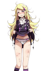 1girl ace_trainer_(pokemon) astrid_(pokemon) blonde_hair blush bow bow_panties breasts bruise clothes_lift collared_dress creatures_(company) crying crying_with_eyes_open dirty dress dress_lift feet_out_of_frame female_focus game_freak hair_ornament hairclip injury long_hair long_sleeves looking_at_viewer messy_hair nail_polish nintendo panties photoshop_(medium) pokemon pokemon_xy purple_bow purple_dress purple_eyes purple_socks simple_background small_breasts socks solo tears torn_clothes torn_dress torn_panties tsukishiro_saika underwear white_background white_panties rating:Sensitive score:91 user:danbooru