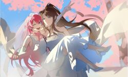 2girls alternate_hairstyle arm_up bang_dream! bang_dream!_it&#039;s_mygo!!!!! blue_eyes breasts bridal_veil brown_hair cang_(akaga204) carrying carrying_person cherry_blossoms chihaya_anon chinese_commentary commentary_request dress elbow_gloves female_focus gloves grey_eyes high_heels long_hair medium_breasts multiple_girls nagasaki_soyo one_eye_closed open_mouth pink_hair ponytail princess_carry sidelocks sleeveless sleeveless_dress strapless strapless_dress teeth upper_teeth_only v veil wedding_dress white_dress white_footwear white_gloves wife_and_wife wink