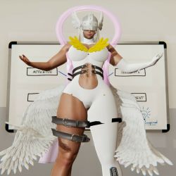 angewomon ass belt costume covered_eyes dark-skinned_female dark_skin digimon digimon_(creature) english_text falling_feathers feathers gloves huge_ass knees muscular muscular_female o-ring o-ring_belt solo tan theboldasschewbacca thigh_strap thighs wide_hips