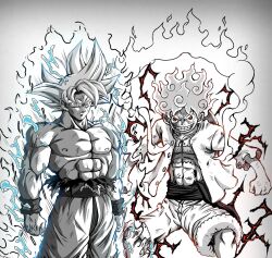  2boys alien blue_hair dragon_ball dragon_ball_super highres looking_at_viewer monkey_d._luffy multiple_boys one_piece pirate red_eyes serious son_goku standing  rating:General score:0 user:Mr._Jive