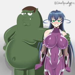  1boy 1girl blush bodysuit breasts colored_skin crossover family_guy fang fat fat_man green_skin highres igawa_asagi john_apocalypse large_breasts long_hair nipples orc peter_griffin short_hair smile taimanin_(series) taimanin_asagi very_long_hair what wide_hips  rating:Sensitive score:14 user:popotepopote