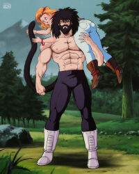  1boy 1girl abs absurdres beard black_eyes black_hair black_pants boots bracelet brown_footwear carrying carrying_over_shoulder carrying_person commentary_request commission dragon_ball dragonball_z facial_hair grass highres jewelry knee_boots monkey_tail mountain muscular muscular_male orange_hair original pants purple_eyes saiyan salvamakoto signature spanish_commentary tail topless_male tree 