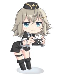  1girl black_footwear black_hat black_jacket black_necktie blonde_hair blue_eyes boots camera chibi closed_mouth commentary crossed_bangs english_commentary full_body garrison_cap girls&#039;_frontline hair_between_eyes hair_ornament hairclip hat highres holding holding_camera jacket leaning_forward light_blush looking_at_viewer military_uniform mp41_(girls&#039;_frontline) necktie rynzfrancis shadow shirt short_hair short_sleeves simple_background skirt smile solo standing uniform white_background white_shirt white_skirt white_wrist_cuffs wrist_cuffs 