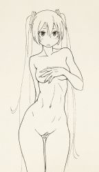 1girl breasts covering_breasts covering_crotch covering_privates cowboy_shot fingernails frown hatsune_miku long_hair medium_breasts monochrome navel nude pussy pussy_peek sketch solo stomach sweatdrop twintails unfinished very_long_hair vocaloid wokada rating:Explicit score:82 user:danbooru