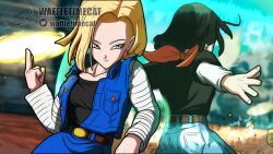  android android_17 android_18 black_hair black_shirt blonde_hair blue_jacket dragon_ball dragon_ball_fighterz dragonball_z energy highres jacket shirt siblings twins 