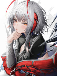  1girl :p absurdres antenna_hair arknights blush commentary_request grey_hair highres horns jacket long_sleeves looking_at_viewer medium_hair orange_eyes red_hair red_horns red_jacket sidelocks simple_background solo tab_head tongue tongue_out w_(arknights) white_background wis&#039;adel_(arknights) 