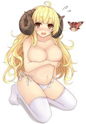 1girl anila_(granblue_fantasy) bikini bikini_bottom_only blonde_hair blue_eyes blush breasts brown_eyes chitosy collarbone disembodied_head draph flying_sweatdrops full_body granblue_fantasy highres horns kneeling large_breasts long_hair looking_at_viewer navel nipples nose_blush open_mouth shaded_face side-tie_bikini_bottom silhouette sweatdrop swimsuit thick_eyebrows thighhighs topless very_long_hair vyrn_(granblue_fantasy) white_background white_bikini white_thighhighs rating:Questionable score:8 user:danbooru