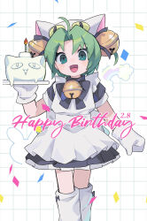  1girl :d ahoge animal_ears animal_hat apron back_bow bell birthday_cake blue_bow blue_bowtie blue_dress blush bow bowtie cake candle cat_ears cat_hat clenched_hand commentary_request confetti cowboy_shot dejiko di_gi_charat dress english_text food footwear_bow glint gloves green_eyes green_hair grid_background hair_bell hair_bow hair_ornament happy_birthday hat highres holding holding_plate looking_at_viewer maid maid_apron morizo_(morizoshop) neck_bell open_mouth outline parted_bangs plate rainbow short_hair smile solo white_apron white_background white_bow white_footwear white_gloves white_hat white_outline 