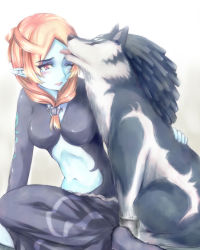  1girl blue_skin blush colored_skin licking link wolf_link microspace midna midna_(true) nintendo orange_hair pointy_ears spoilers the_legend_of_zelda the_legend_of_zelda:_twilight_princess wolf 