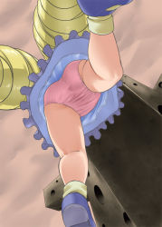  1girl ass blonde_hair blue_dress dress drill_hair from_below fukuouji_laura hanging jewelpet_(series) jewelpet_magical_change loli long_hair panties pink_panties shoes suspension thighs underwear upskirt wanao  rating:Questionable score:47 user:loli_imperial