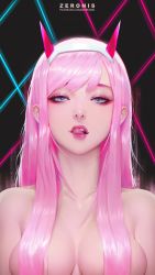  1girl arms_at_sides black_background blue_eyes breasts cleavage collarbone darling_in_the_franxx female_focus hair_censor hair_over_breasts hairband highres horns licking_lips lips long_hair looking_at_viewer medium_breasts neck nude open_mouth pink_hair red_horns round_teeth solo swept_bangs teeth tongue tongue_out upper_body upper_teeth_only watermark web_address white_hairband zero_two_(darling_in_the_franxx) zeronis  rating:Questionable score:68 user:danbooru