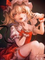 1girl ascot bags_under_eyes blonde_hair blush bow cup fangs flandre_scarlet frilled_shirt frilled_socks frills hat hat_ribbon highres holding holding_cup kyogoku-uru long_hair looking_at_viewer mob_cap one_side_up open_mouth pointy_ears puffy_short_sleeves puffy_sleeves red_eyes red_lips red_nails red_skirt red_vest ribbon shirt short_hair short_sleeves side_ponytail skirt skirt_set smile socks solo thick_eyelashes thigh_strap thighs touhou vest white_hat white_socks wings yellow_ascot 