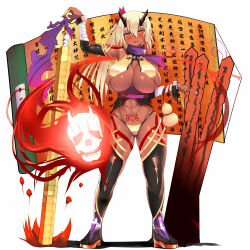 1girl abs belly blonde_hair blush breasts cleavage club_(weapon) curvy dark_skin dark-skinned_female fang flaming_skull full_body groin heart heart_tattoo horns large_breasts long_hair looking_at_viewer navel ogre open_mouth orange_eyes original smoking_pipe pubic_tattoo revealing_clothes scarf simple_background smile solo souma_(ordures) standing tattoo thick_thighs thighhighs thighs tokyo_tenma weapon white_background wide_hips rating:Questionable score:49 user:danbooru