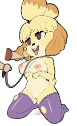  1boy 1girl absurdres animal_crossing animal_ears arms_under_breasts blonde_hair breasts brown_eyes brown_hair cleft_of_venus collar dog_ears dog_girl dog_tail full_body furry furry_female hand_on_another&#039;s_cheek hand_on_another&#039;s_face highres holding holding_leash isabelle_(animal_crossing) leash looking_at_another looking_to_the_side medium_breasts medium_hair monke_brush multicolored_hair nintendo nipples nude open_mouth pet_play purple_thighhighs pussy pussy_juice shortstack simple_background sketch solo_focus tail teeth thighhighs torn_clothes torn_thighhighs torogao two-tone_hair uncensored upper_teeth_only white_background  rating:Explicit score:50 user:Only_Kemonomimi