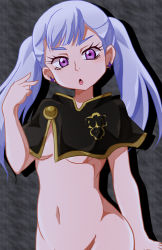  1girl belly black_clover breasts earrings hip_focus jewelry looking_at_viewer navel noelle_silva open_mouth purple_eyes shishinon twintails underboob white_hair  rating:Questionable score:33 user:Quintus_Gordianus