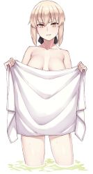 1girl artoria_pendragon_(all) artoria_pendragon_(fate) black_ribbon blonde_hair blush breasts collarbone covering_privates cowboy_shot fate/stay_night fate_(series) hair_between_eyes hair_ribbon holding holding_towel looking_at_viewer medium_breasts michihasu nude_cover parted_lips ribbon saber_alter short_hair sidelocks solo standing towel wading water wet white_background yellow_eyes rating:Questionable score:20 user:danbooru