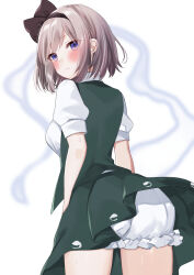  1girl arms_at_sides black_hairband black_ribbon bloomers blue_eyes blush bob_cut closed_mouth clothes_lift commentary cowboy_shot eyes_visible_through_hair frown green_skirt green_vest grey_hair hair_ribbon hairband highres konpaku_youmu konpaku_youmu_(ghost) looking_at_viewer looking_back open_clothes open_vest puffy_short_sleeves puffy_sleeves purin_jiisan ribbon shirt short_hair short_sleeves simple_background skirt skirt_lift solo sweat sweatdrop touhou tsurime underwear vest white_background white_bloomers white_shirt 