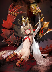  1girl ahoge bikini blonde_hair braid breasts chalice criss-cross_halter crown cup dragon_claw dragon_tail elbow_gloves facial_mark fate/grand_order fate_(series) french_braid gloves hair_bun hair_intakes hair_ribbon halterneck highres long_hair looking_at_viewer navel nero_claudius_(fate) nero_claudius_(fate)_(all) nishiide_kengorou open_clothes pointy_ears queen_draco_(fate) queen_draco_(second_ascension)_(fate) red_bikini red_eyes red_ribbon ribbon robe scales single_glove sitting small_breasts solo swimsuit tail thighs white_gloves white_robe 