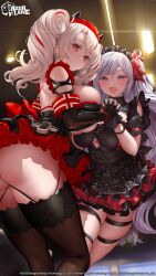  2girls absurdres arched_back ass azur_lane black_dress black_gloves blurry blurry_background breasts clothing_cutout commentary copyright_name cross dress elbe_(azur_lane) elbe_(time_to_show_off?)_(azur_lane) english_commentary fang fingerless_gloves frills from_behind from_side gloves grey_hair highres holding_hands indoors interlocked_fingers iron_cross large_breasts long_hair looking_at_viewer multicolored_hair multiple_girls official_alternate_costume official_art open_mouth parted_bangs prinz_adalbert_(after-hours_service)_(azur_lane) prinz_adalbert_(azur_lane) purple_eyes red_eyes red_ribbon ribbon skin_fang smile streaked_hair thigh_strap thighhighs twintails twisted_torso underboob underboob_cutout uo_denim very_long_hair white_hair 
