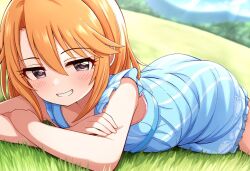  1girl ai-assisted akito_(nanoha_82) ass bad_tag bare_arms bare_shoulders blue_dress blush bra crossed_arms day dot_nose dress grass grey_eyes grin hair_between_eyes half-closed_eyes idolmaster idolmaster_cinderella_girls idolmaster_cinderella_girls_u149 looking_at_viewer lying on_grass on_ground on_stomach orange_hair outdoors pink_bra sidelocks sleeveless sleeveless_dress smile solo striped teeth underwear vertical_stripes yuuki_haru 