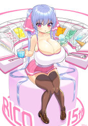  1girl :o blue_hair blush breasts brown_thighhighs bursting_breasts camisole cleavage collarbone food highres huge_breasts ice_cream ice_cream_cup ice_cream_scoop loafers long_hair miniskirt oppai_loli original pink_eyes pink_skirt riko_(shuz) shoes shuz_(dodidu) sitting skirt solo thighhighs twintails very_long_hair white_camisole zettai_ryouiki  rating:Sensitive score:105 user:danbooru