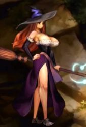  1girl animated animated_gif atlus bouncing_breasts breasts brown_hair cleavage dragon&#039;s_crown hat large_breasts long_hair lowres solo sorceress_(dragon&#039;s_crown) vanillaware witch_hat  rating:Sensitive score:88 user:Service