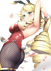 1girl absurdres ace_(playing_card) ace_of_diamonds animal_ears armpits black_pantyhose blonde_hair blue_eyes breasts card diamond_(shape) drill_hair fishnet_pantyhose fishnets heart highres holding holding_own_hair king_(playing_card) king_of_hearts_(playing_card) leotard long_hair looking_at_viewer medium_breasts myrcia_(nyanko_daisensou) nyanko_daisensou pantyhose pepushi_drow playboy_bunny playing_card rabbit_ears rabbit_tail red_leotard sideboob smile solo tail thong_leotard white_background wrist_cuffs