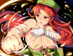  1girl bandages blush bow braid breasts censored convenient_censoring female_focus hair_bow hat hong_meiling large_breasts long_hair magukappu red_eyes red_hair solo torn_clothes touhou twin_braids  rating:Questionable score:14 user:danbooru