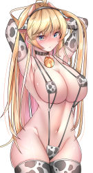  1girl absurdres ahoge animal_print armpits arms_behind_head arms_up bikini blonde_hair blue_eyes blush breasts character_request closed_mouth colored_inner_hair commission counter:side covered_erect_nipples cow_print cowboy_shot curvy elbow_gloves gloves highres large_breasts long_hair looking_at_viewer multicolored_hair navel pink_hair sera4 simple_background skindentation slingshot_swimsuit solo swimsuit thighhighs thighs very_long_hair white_background  rating:Sensitive score:23 user:danbooru