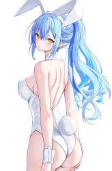  1girl animal_ears bare_back blue_hair breasts detached_collar fake_animal_ears fake_tail hands_on_own_ass high_ponytail highleg highleg_leotard highres hololive large_breasts leotard long_hair looking_at_viewer looking_back oniku_(o29sukizero) playboy_bunny pointy_ears rabbit_ears rabbit_tail simple_background solo strapless strapless_leotard tail virtual_youtuber white_background white_leotard wrist_cuffs yellow_eyes yukihana_lamy 