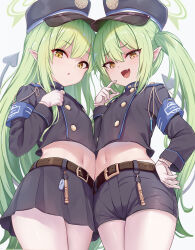  2girls belt black_hat black_shorts black_skirt blue_archive blush breasts buckle chinese_commentary commentary_request cowboy_shot cropped_jacket flat_chest gloves green_hair hair_between_eyes halo hat highres hikari_(blue_archive) long_hair long_sleeves looking_at_viewer midriff milkshakework miniskirt multiple_girls navel nozomi_(blue_archive) open_mouth peaked_cap pointy_ears short_shorts shorts siblings simple_background sisters skirt smile standing stomach twins twintails variant_set very_long_hair yellow_eyes 