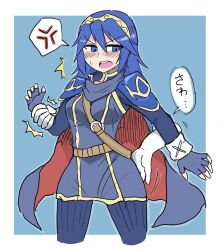  1girl anger_vein armor between_breasts blue_cape blue_eyes blue_hair blush breasts cape commentary_request cropped_legs disembodied_limb fingerless_gloves fire_emblem fire_emblem_awakening gloves groping highres lucina_(fire_emblem) medium_breasts molestation nintendo shoulder_armor spoken_anger_vein strap_between_breasts sweatdrop tiara translated two-sided_cape two-sided_fabric v-shaped_eyebrows white-stew 