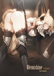  absurdres animal_ears arknights armor artist_name ass bent_over black_thighhighs blemishine_(arknights) blonde_hair bottomless bound bound_wrists extra_ears fireball_666 fur-trimmed_armor fur_trim green_eyes hanging highres horse_ears horse_girl horse_tail lace lace-trimmed_legwear lace_trim looking_back ponytail restrained stationary_restraints tail thighhighs 