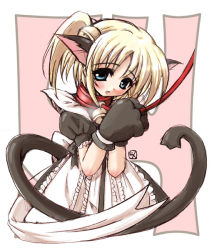 1girl 54 54_(ukagaka) animal_ears animal_hands artist_request bell blonde_hair blue_eyes blush cat_ears cat_tail collar dress hair_ornament jingle_bell leash maid neck_bell open_mouth ponytail solo tail ukagaka rating:Questionable score:3 user:danbooru