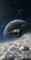  3d absurdres artist_name autodesk_3ds_max_(medium) battleship_(eve_online) caldari_state_(eve_online) camille-besneville cloud commentary eve_online fleet flying highres light_fighter_(eve_online) military_vehicle nebula night night_sky no_humans photoshop_(medium) planet realistic rokh_(eve_online) scenery science_fiction sky spacecraft star_(sky) starfighter starry_sky 